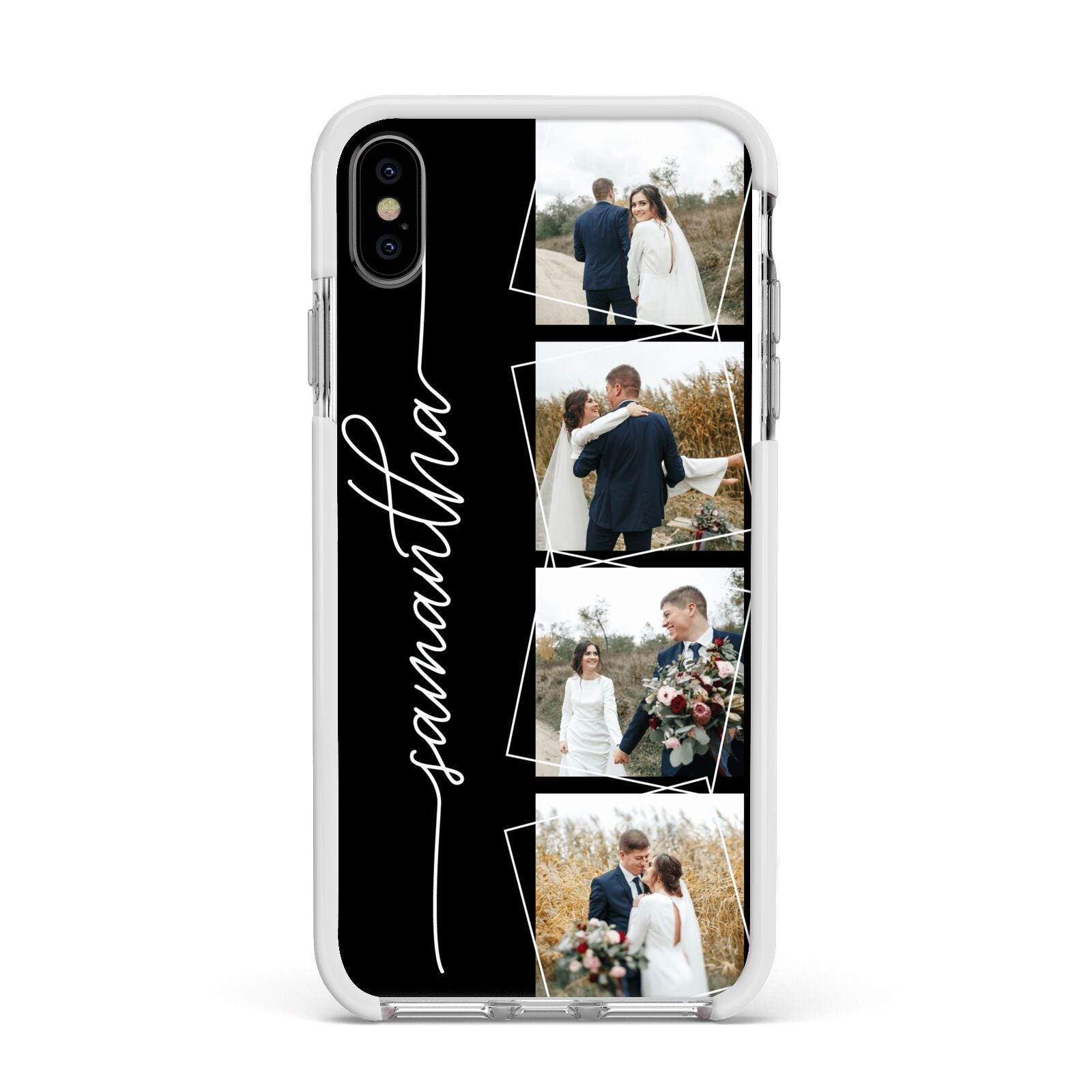 Personalised 4 Photo Couple Name Apple iPhone Xs Max Impact Case White Edge on Silver Phone