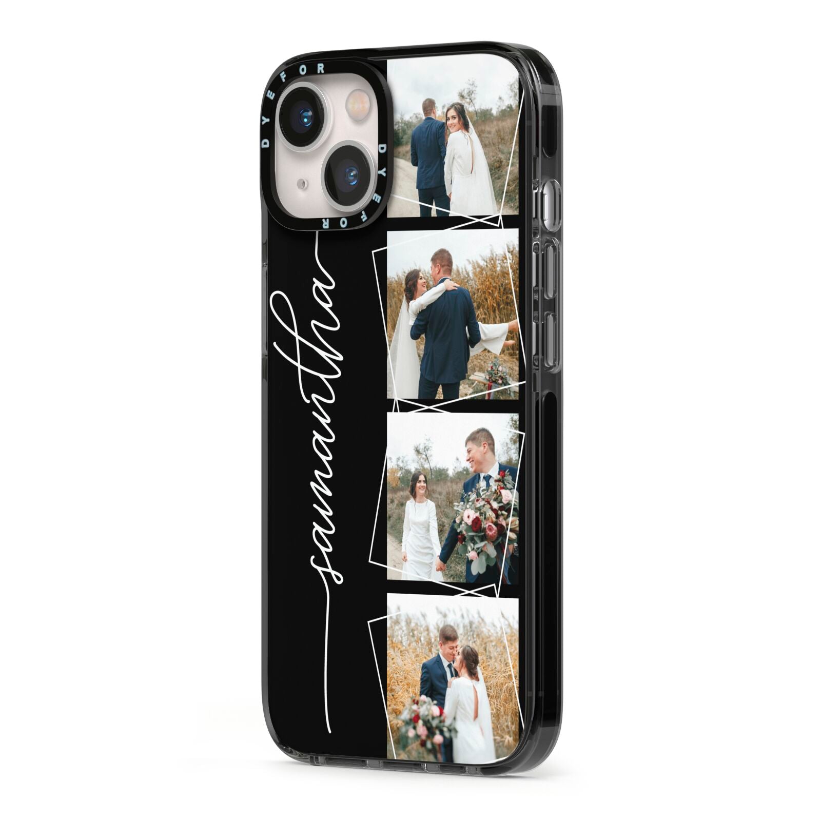 Personalised 4 Photo Couple Name iPhone 13 Black Impact Case Side Angle on Silver phone