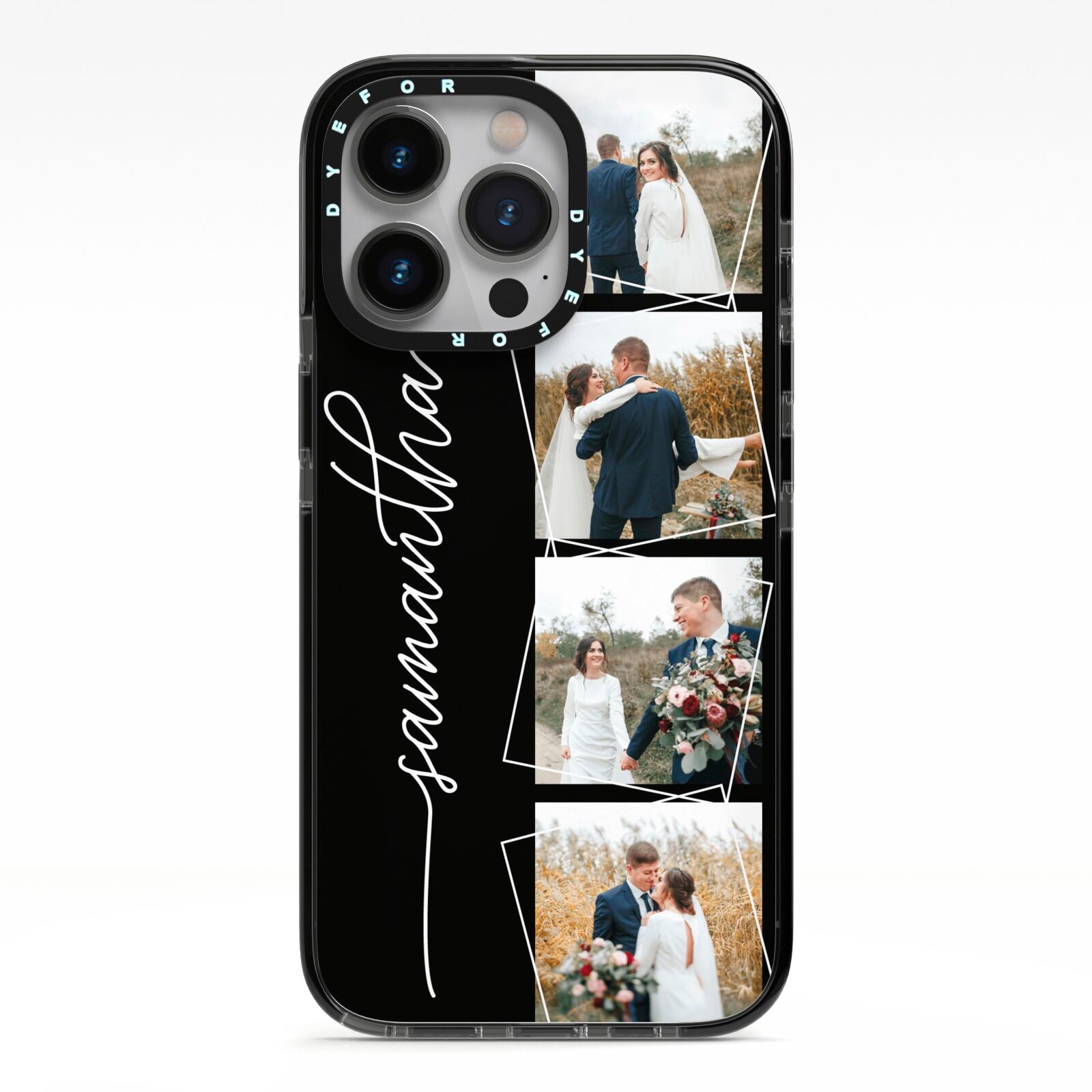 Personalised 4 Photo Couple Name iPhone 13 Pro Black Impact Case on Silver phone