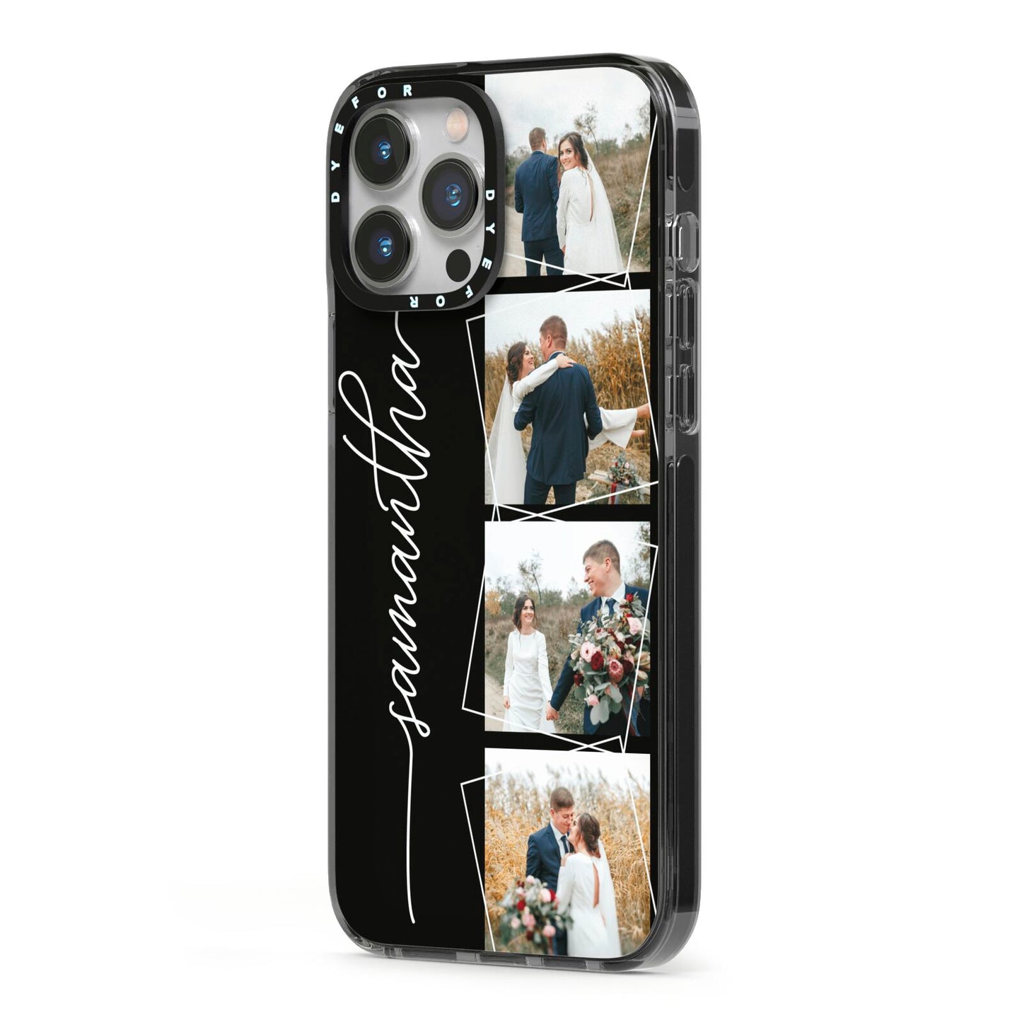 Personalised 4 Photo Couple Name iPhone 13 Pro Max Black Impact Case Side Angle on Silver phone