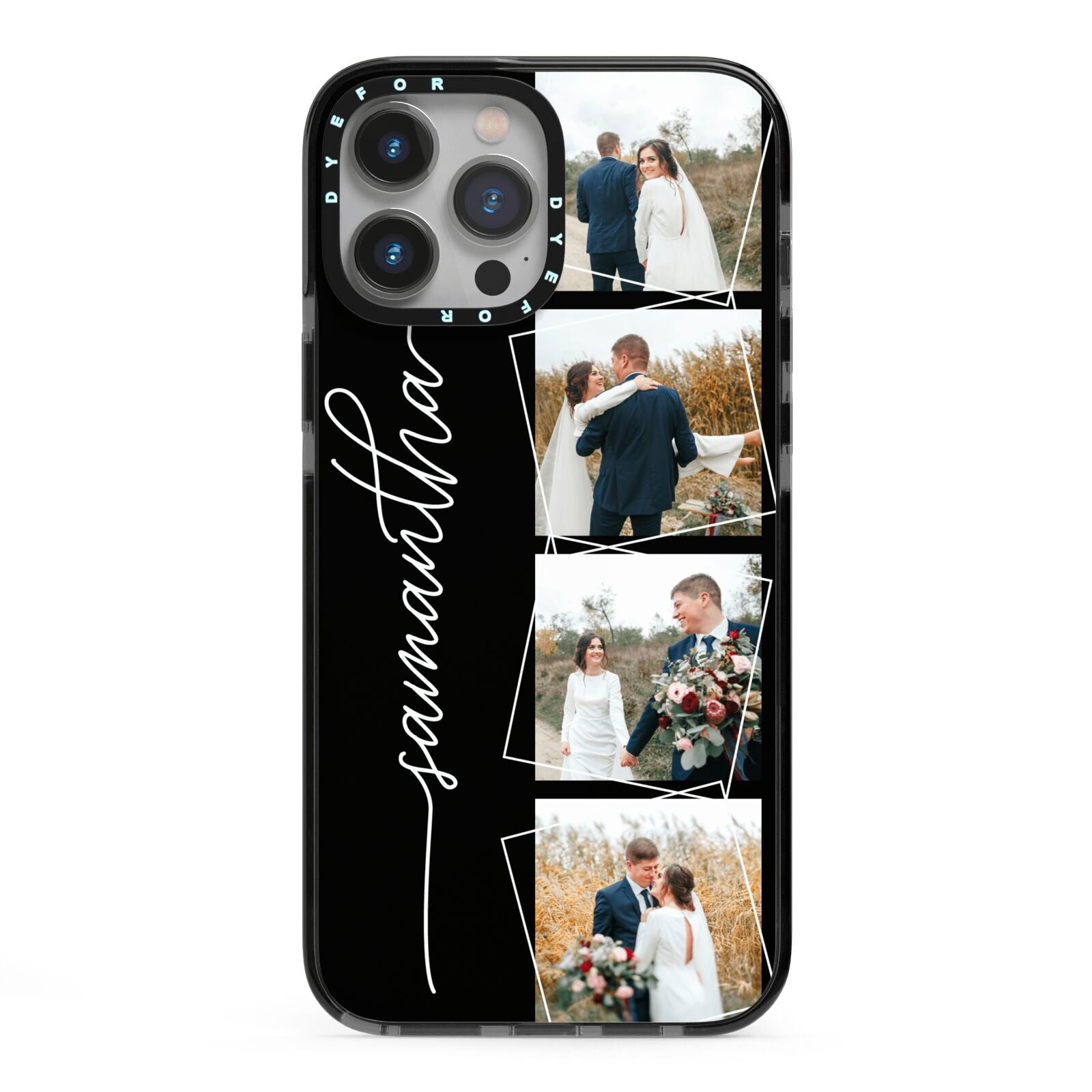 Personalised 4 Photo Couple Name iPhone 13 Pro Max Black Impact Case on Silver phone