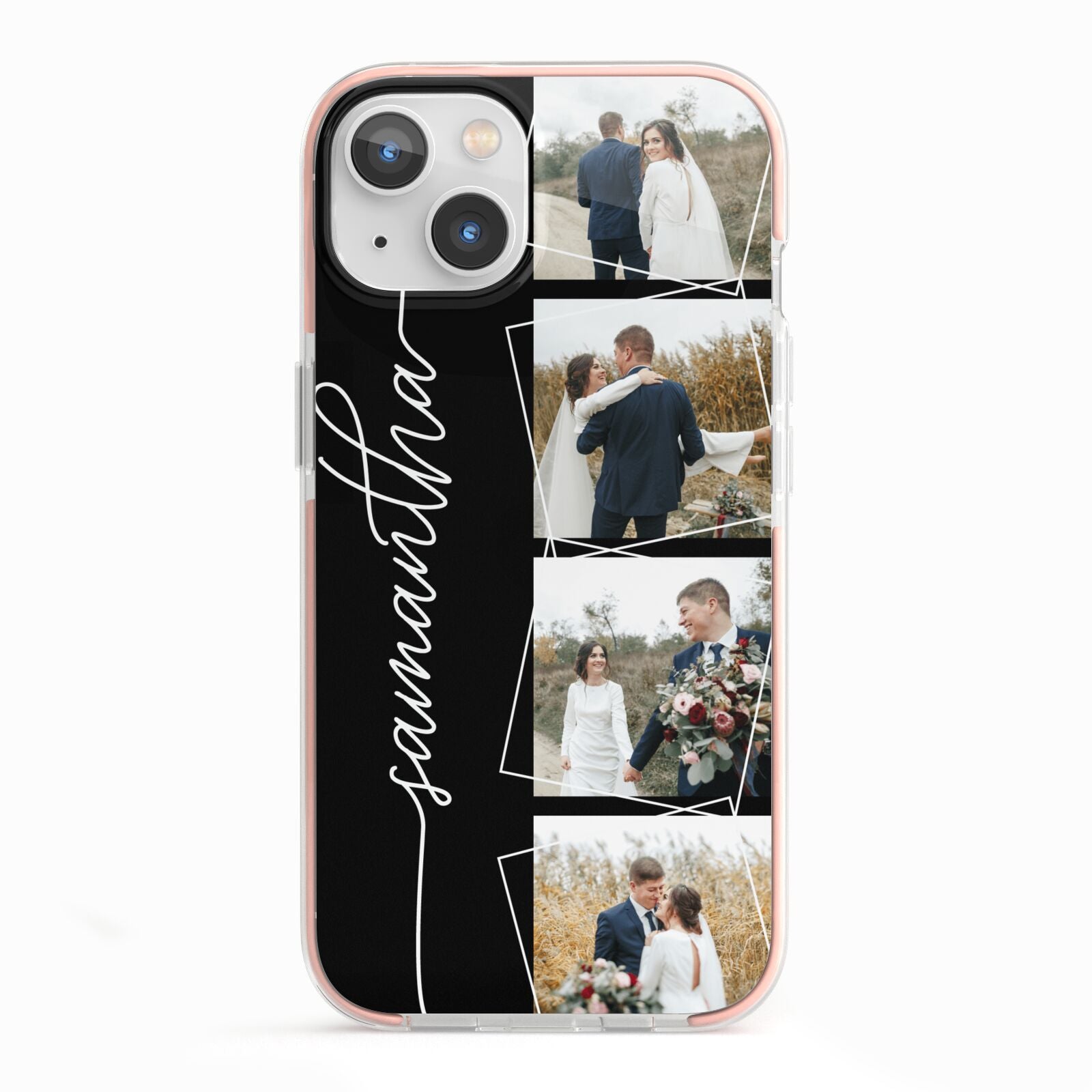 Personalised 4 Photo Couple Name iPhone 13 TPU Impact Case with Pink Edges