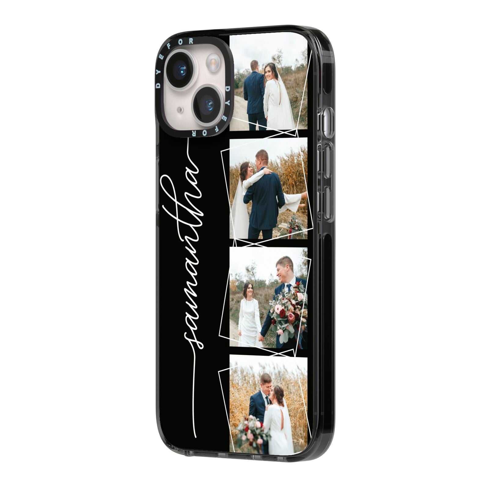 Personalised 4 Photo Couple Name iPhone 14 Black Impact Case Side Angle on Silver phone