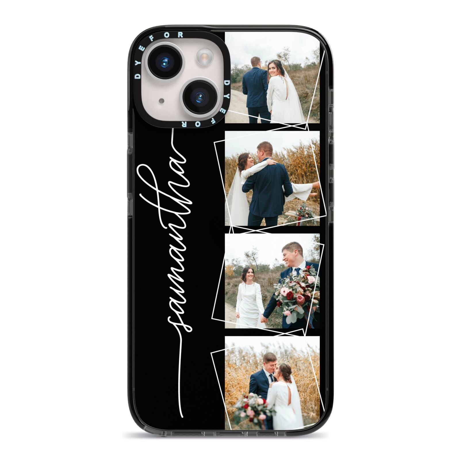 Personalised 4 Photo Couple Name iPhone 14 Black Impact Case on Silver phone