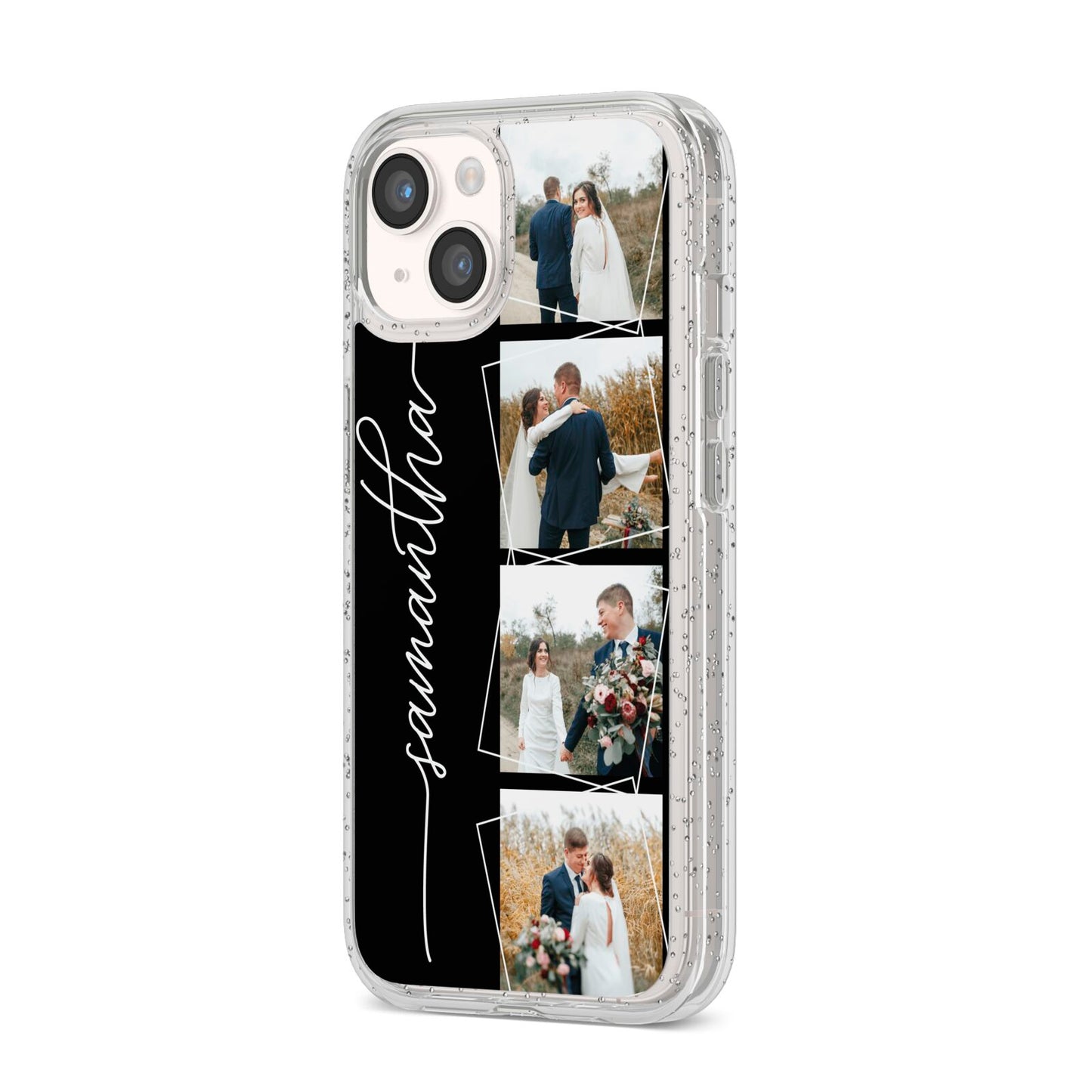 Personalised 4 Photo Couple Name iPhone 14 Glitter Tough Case Starlight Angled Image