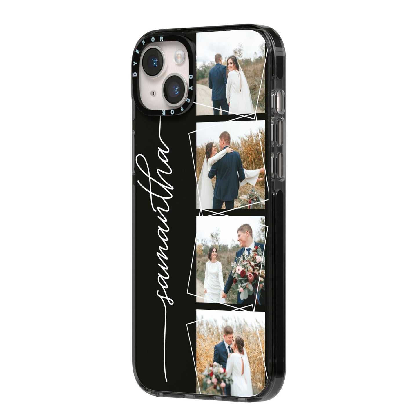 Personalised 4 Photo Couple Name iPhone 14 Plus Black Impact Case Side Angle on Silver phone