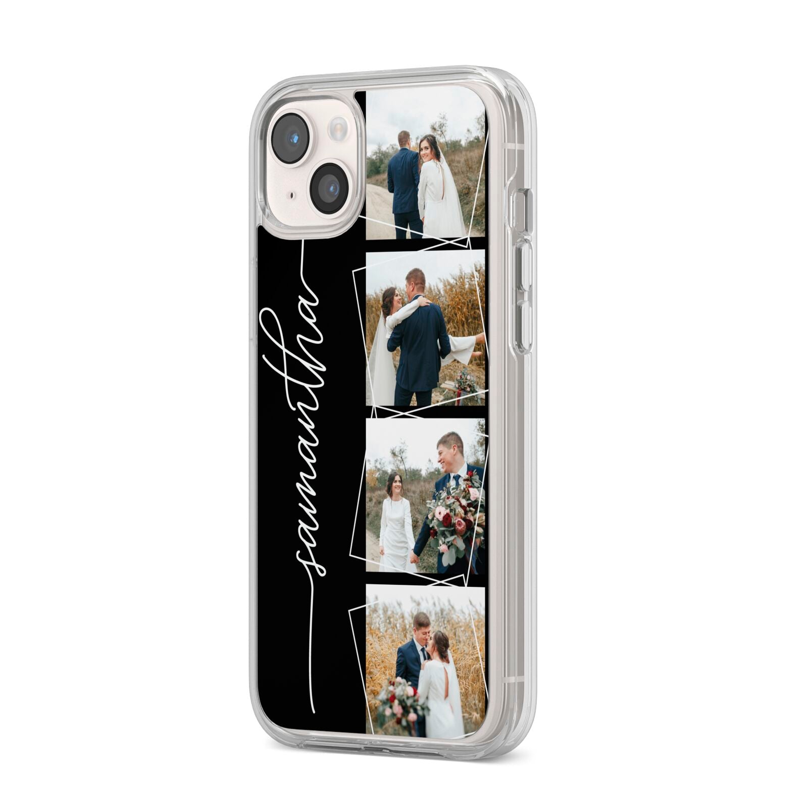 Personalised 4 Photo Couple Name iPhone 14 Plus Clear Tough Case Starlight Angled Image
