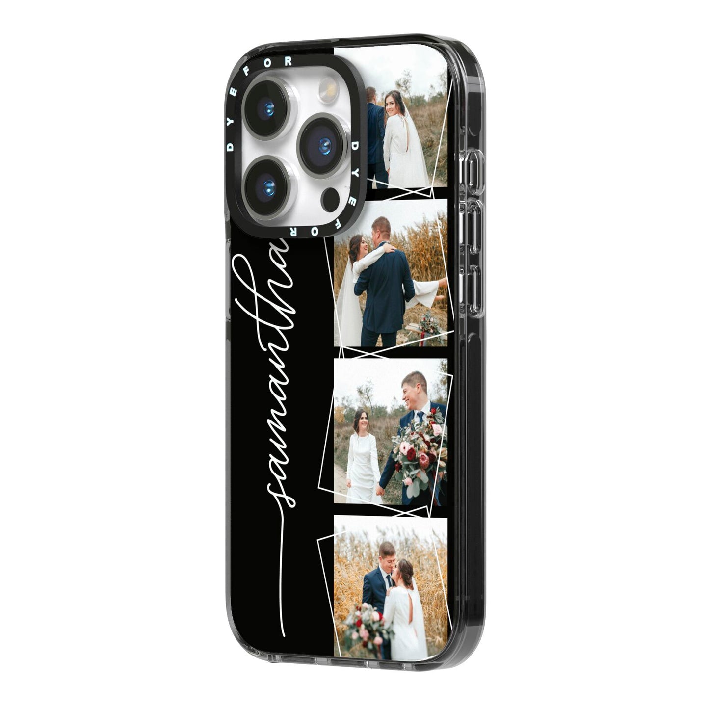 Personalised 4 Photo Couple Name iPhone 14 Pro Black Impact Case Side Angle on Silver phone