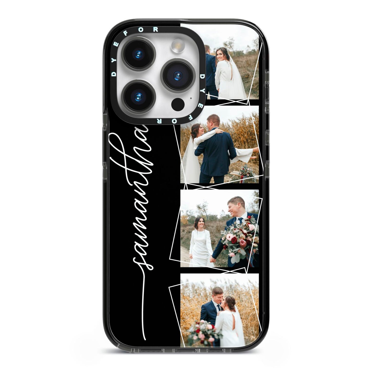 Personalised 4 Photo Couple Name iPhone 14 Pro Black Impact Case on Silver phone