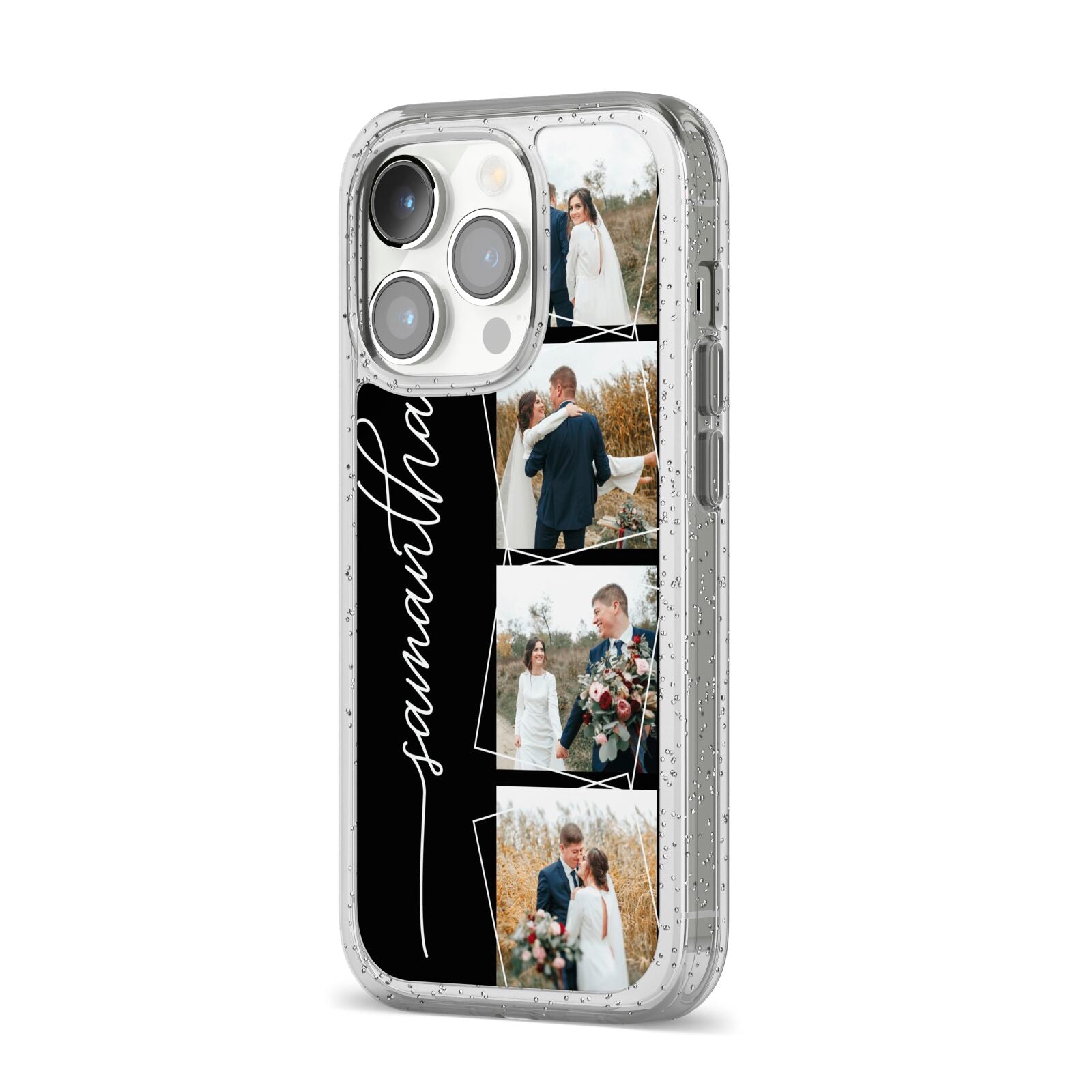 Personalised 4 Photo Couple Name iPhone 14 Pro Glitter Tough Case Silver Angled Image