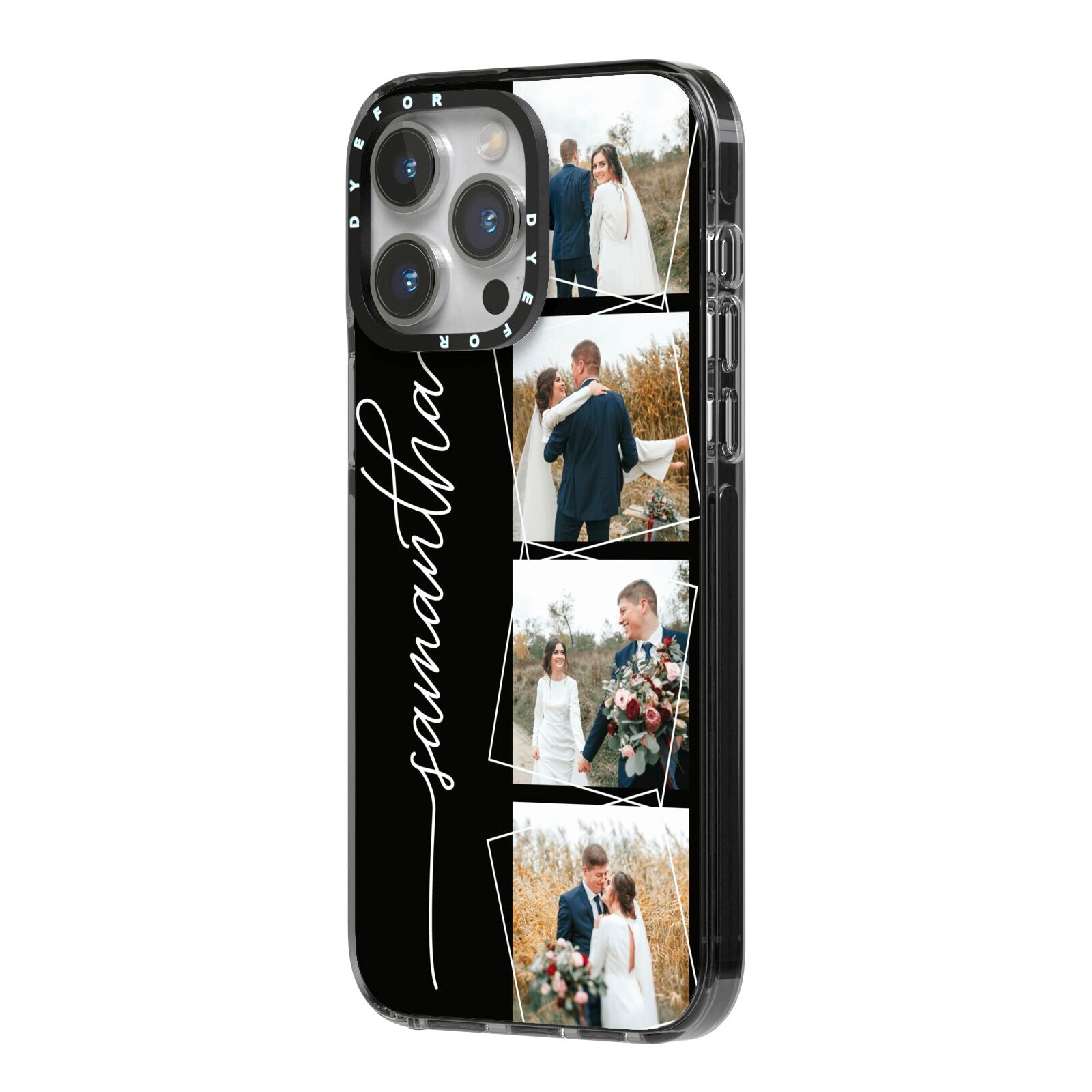 Personalised 4 Photo Couple Name iPhone 14 Pro Max Black Impact Case Side Angle on Silver phone