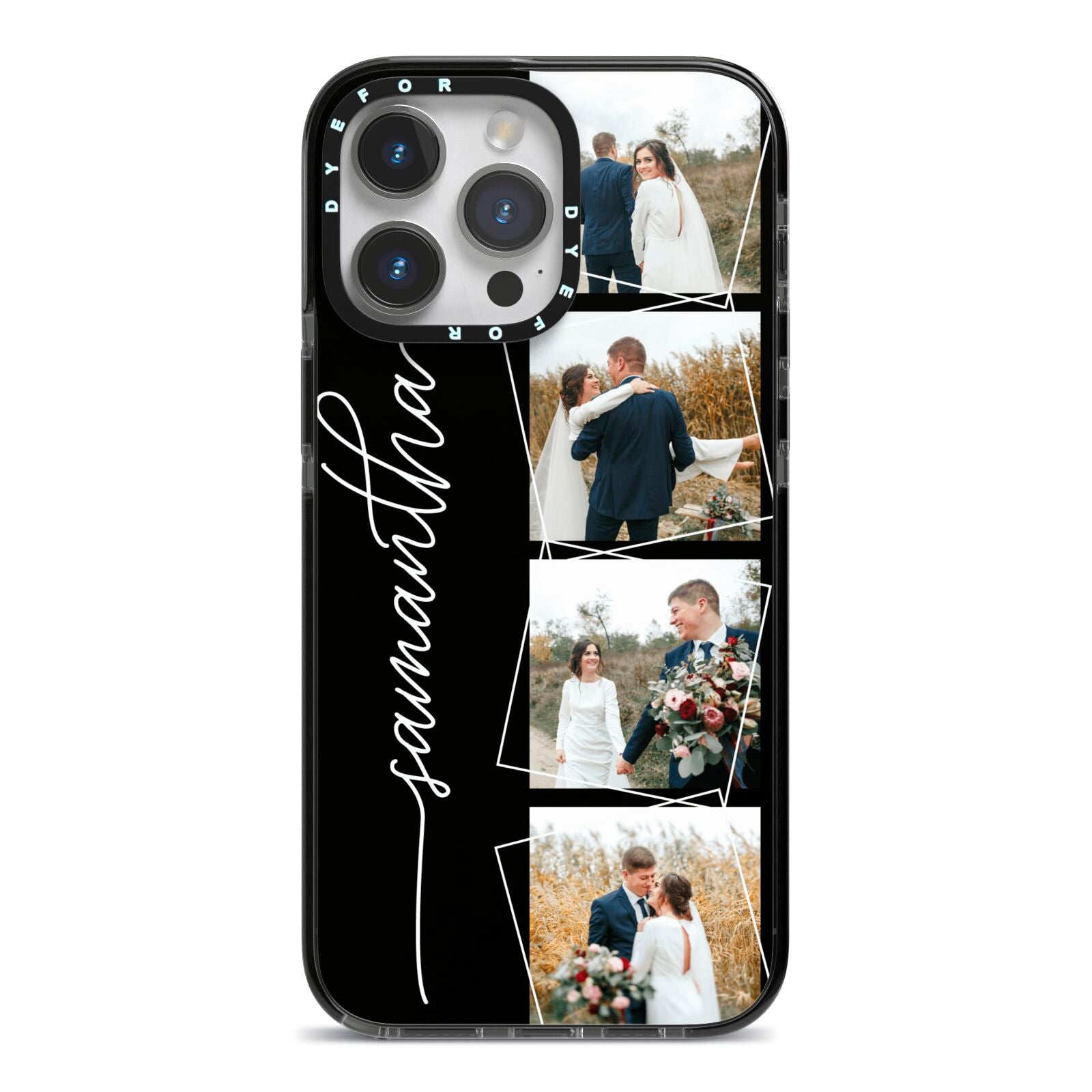 Personalised 4 Photo Couple Name iPhone 14 Pro Max Black Impact Case on Silver phone