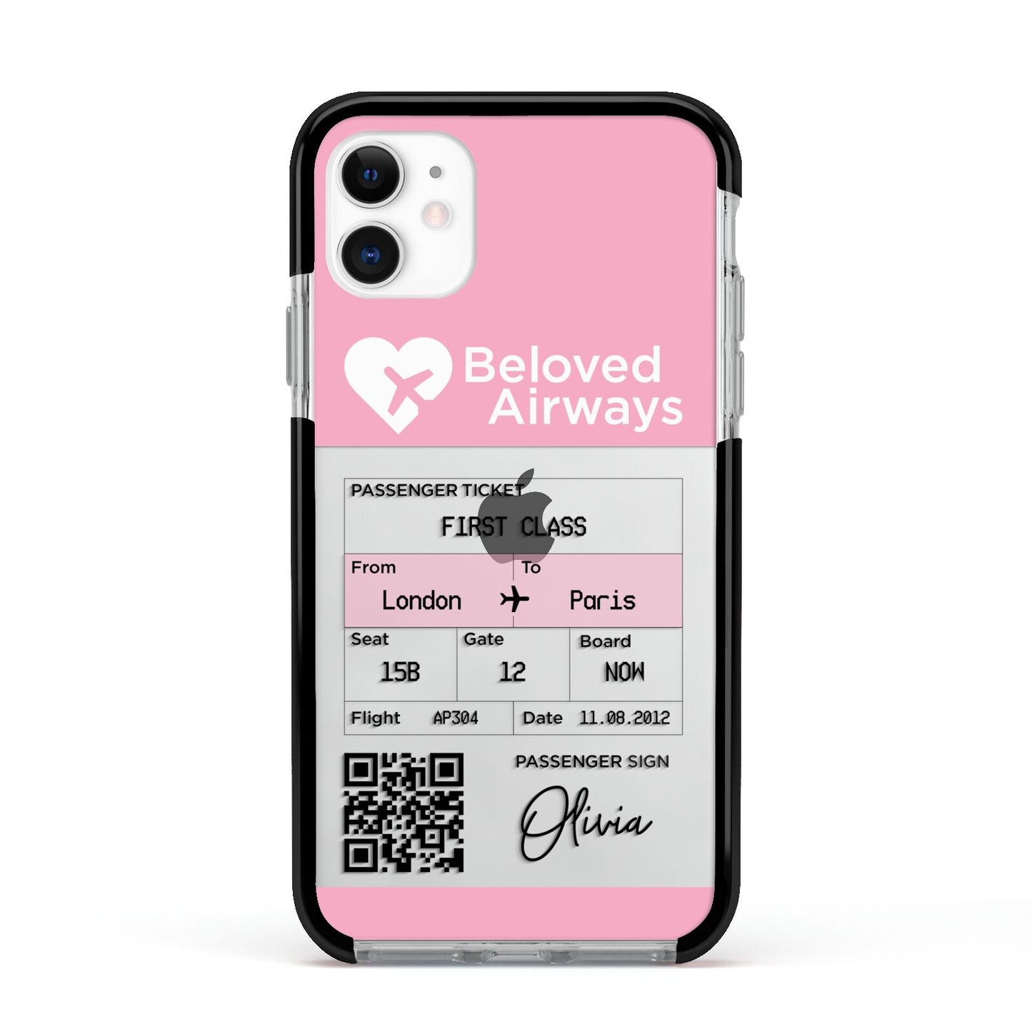 Personalised Aeroplane Ticket Apple iPhone 11 in White with Black Impact Case