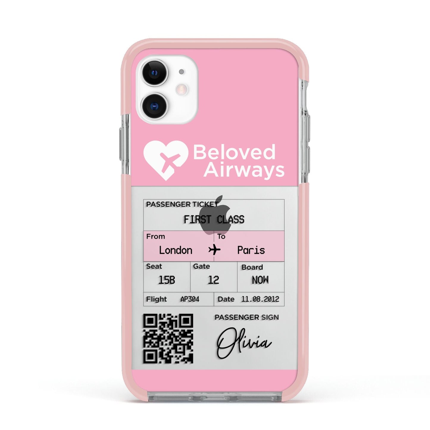 Personalised Aeroplane Ticket Apple iPhone 11 in White with Pink Impact Case