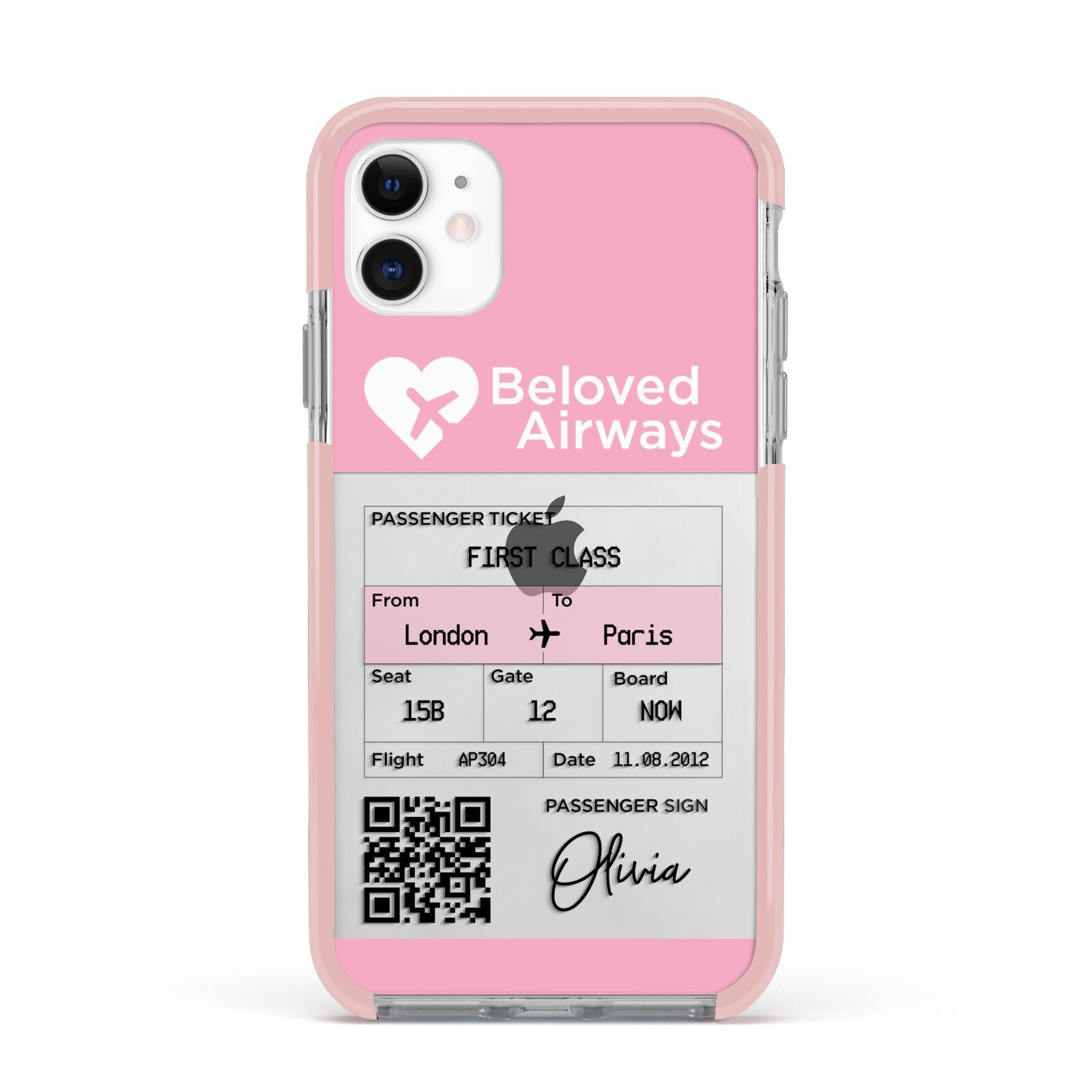 Personalised Aeroplane Ticket Apple iPhone 11 in White with Pink Impact Case