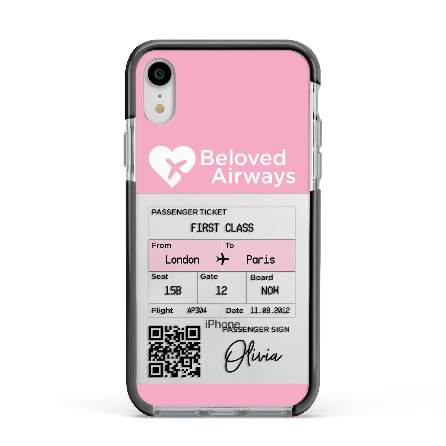 Personalised Aeroplane Ticket Apple iPhone XR Impact Case Black Edge on Silver Phone