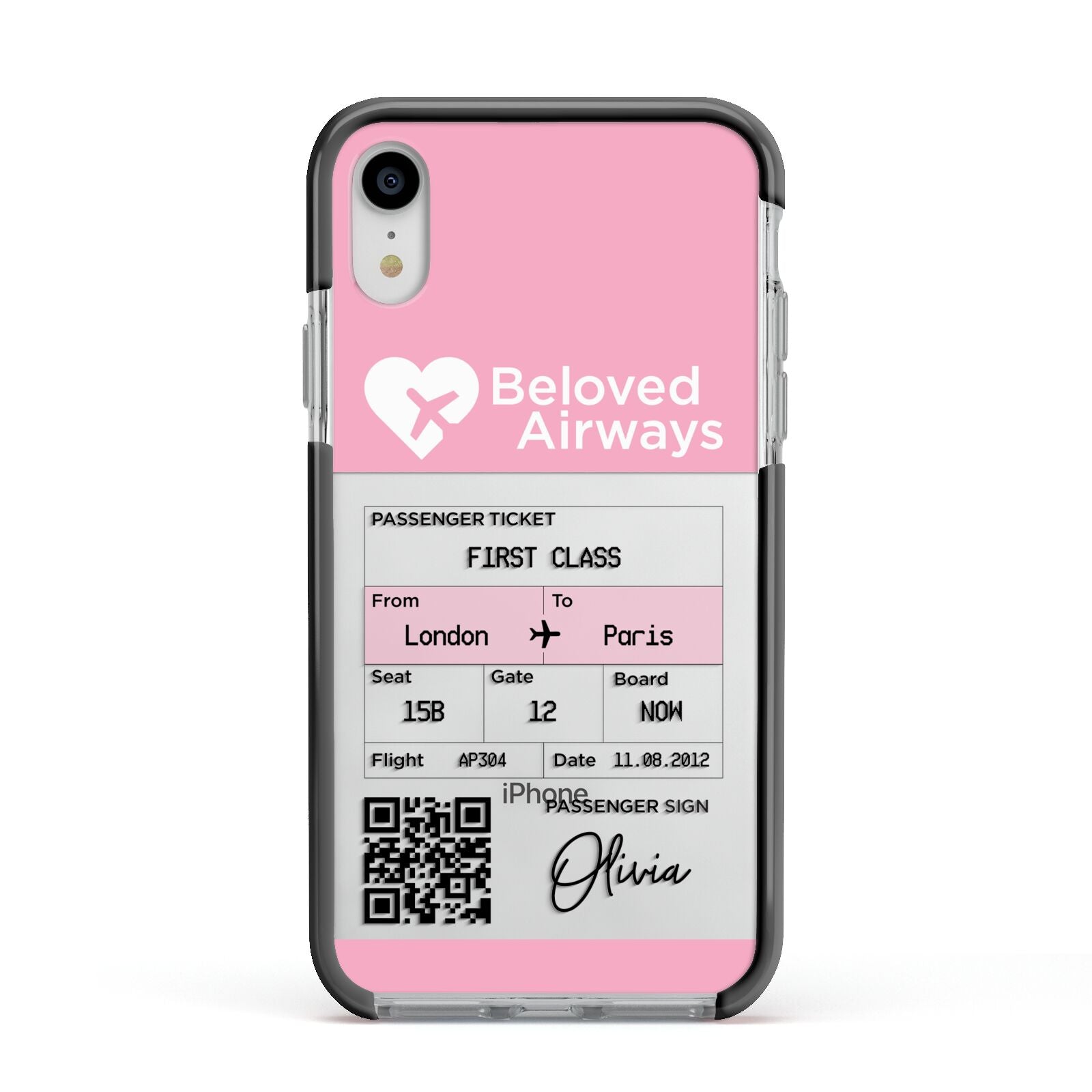 Personalised Aeroplane Ticket Apple iPhone XR Impact Case Black Edge on Silver Phone