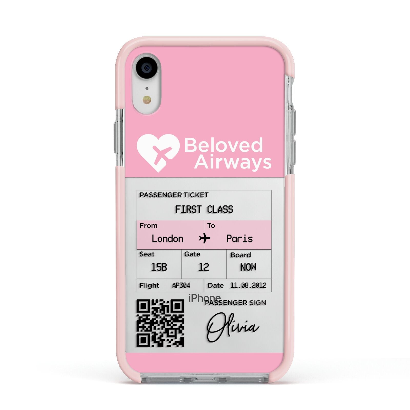 Personalised Aeroplane Ticket Apple iPhone XR Impact Case Pink Edge on Silver Phone