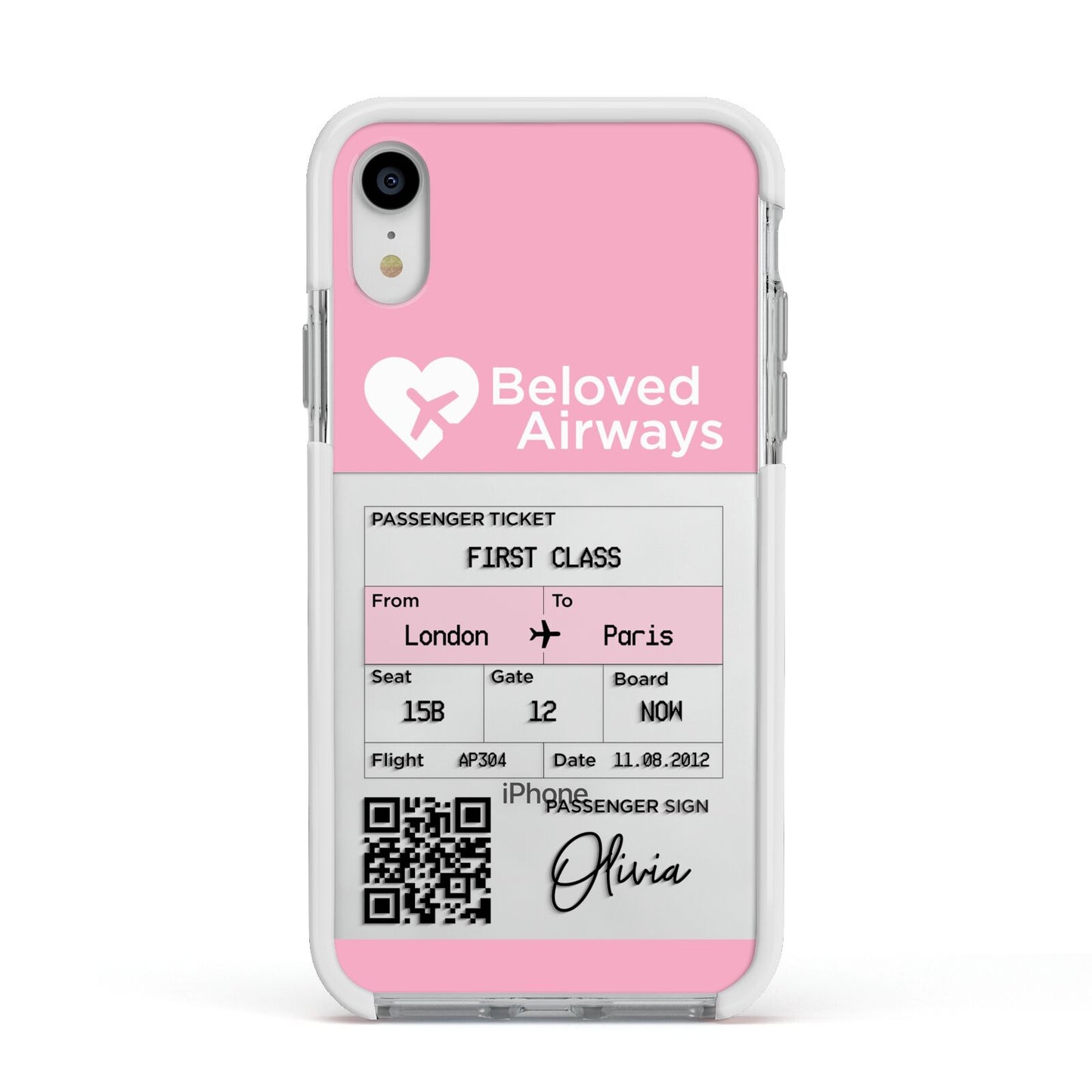 Personalised Aeroplane Ticket Apple iPhone XR Impact Case White Edge on Silver Phone