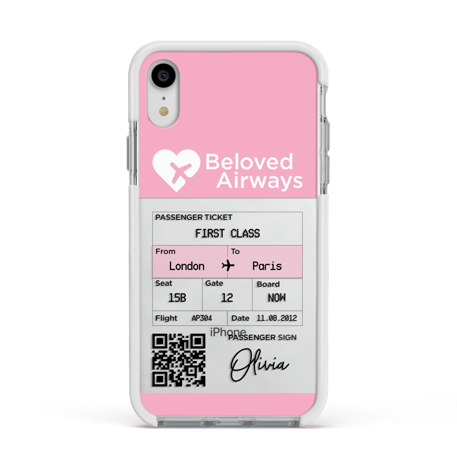 Personalised Aeroplane Ticket Apple iPhone XR Impact Case White Edge on Silver Phone