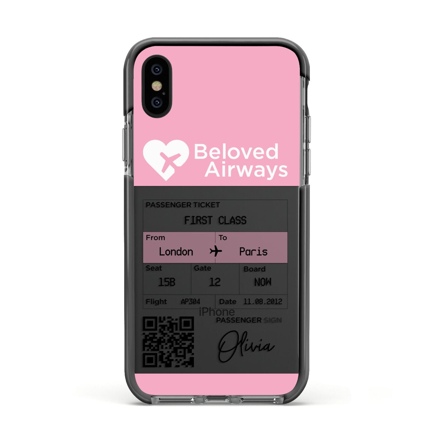 Personalised Aeroplane Ticket Apple iPhone Xs Impact Case Black Edge on Black Phone