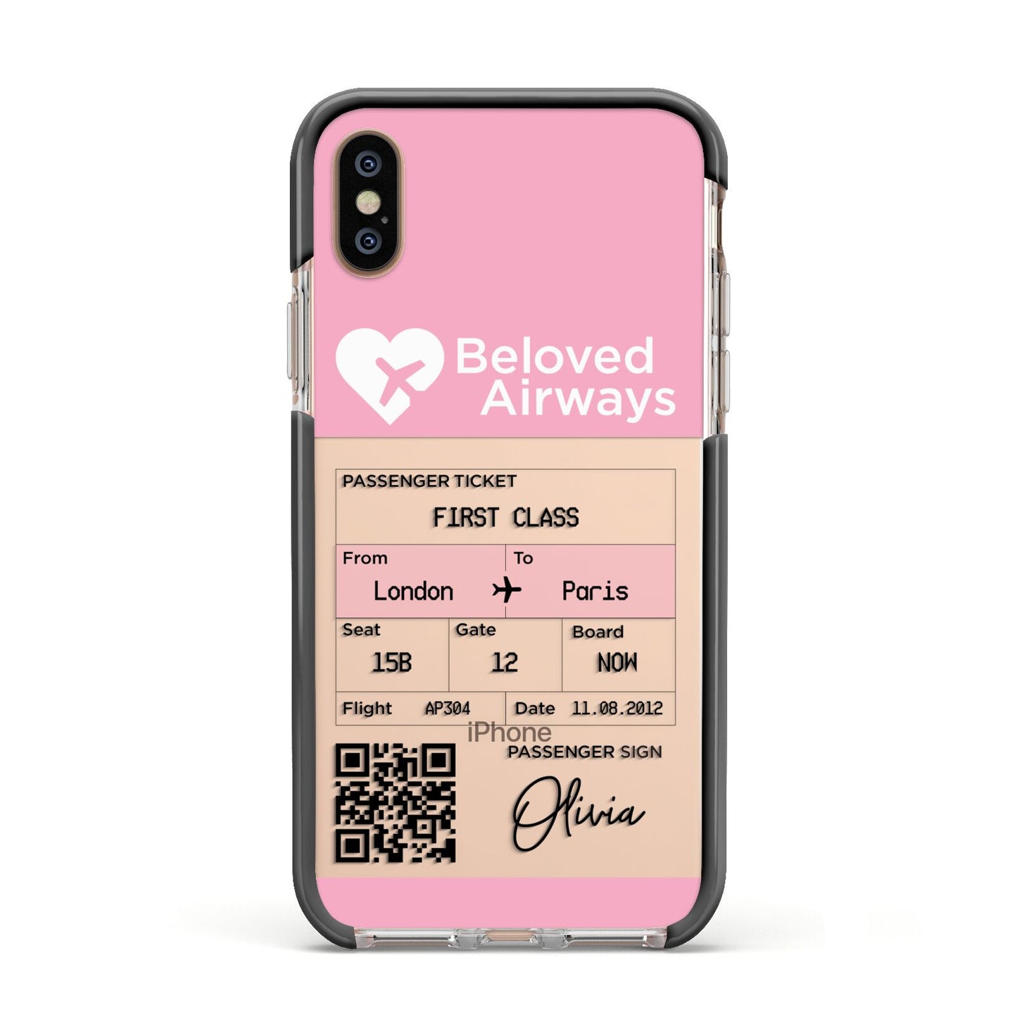 Personalised Aeroplane Ticket Apple iPhone Xs Impact Case Black Edge on Gold Phone