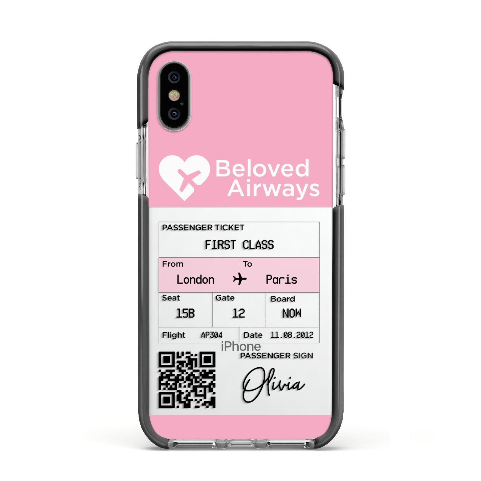 Personalised Aeroplane Ticket Apple iPhone Xs Impact Case Black Edge on Silver Phone