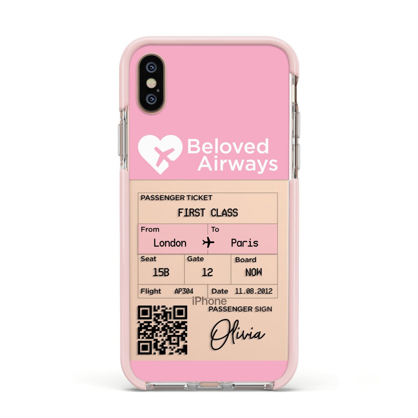 Personalised Aeroplane Ticket Apple iPhone Xs Impact Case Pink Edge on Gold Phone