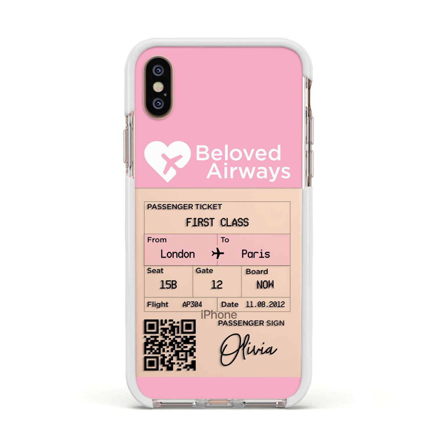 Personalised Aeroplane Ticket Apple iPhone Xs Impact Case White Edge on Gold Phone