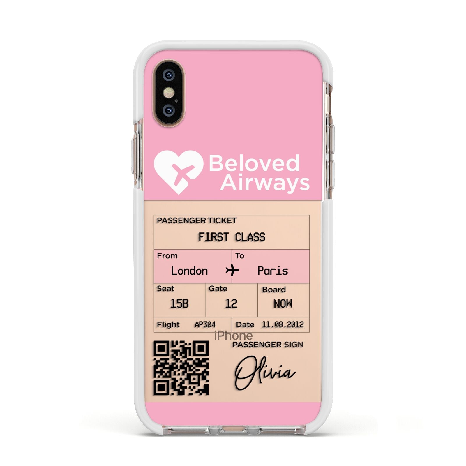Personalised Aeroplane Ticket Apple iPhone Xs Impact Case White Edge on Gold Phone