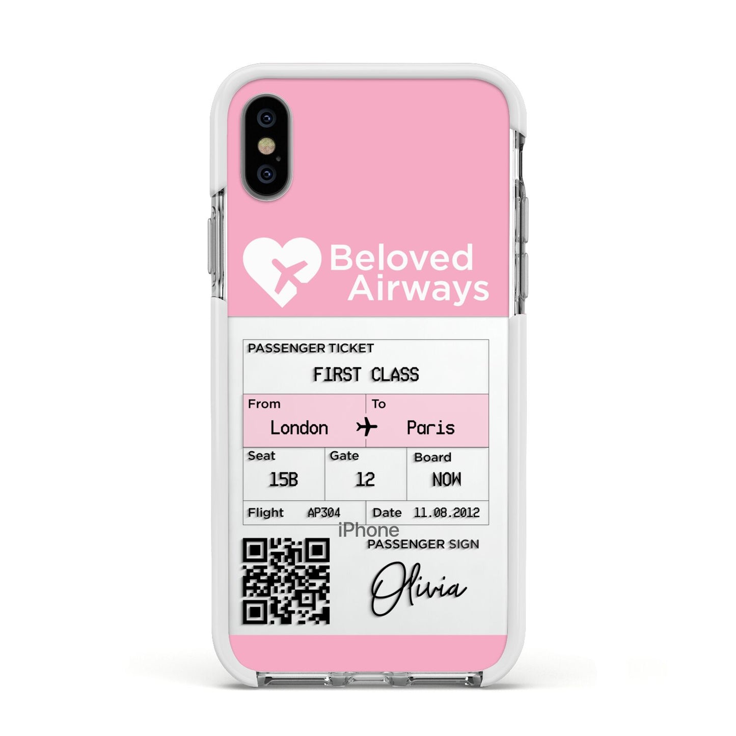 Personalised Aeroplane Ticket Apple iPhone Xs Impact Case White Edge on Silver Phone