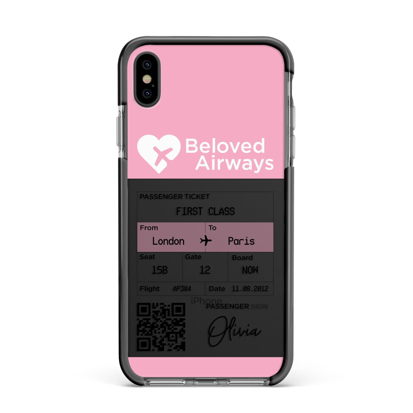Personalised Aeroplane Ticket Apple iPhone Xs Max Impact Case Black Edge on Black Phone