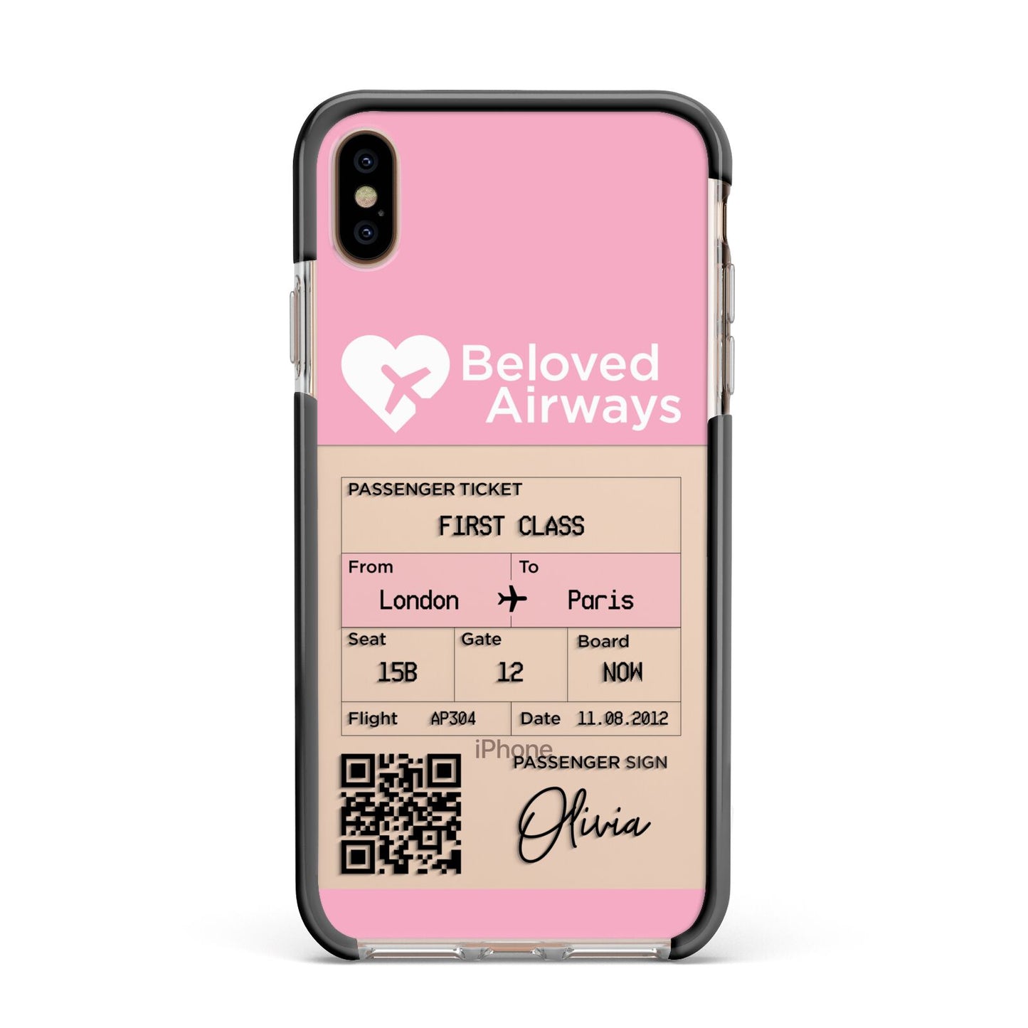 Personalised Aeroplane Ticket Apple iPhone Xs Max Impact Case Black Edge on Gold Phone