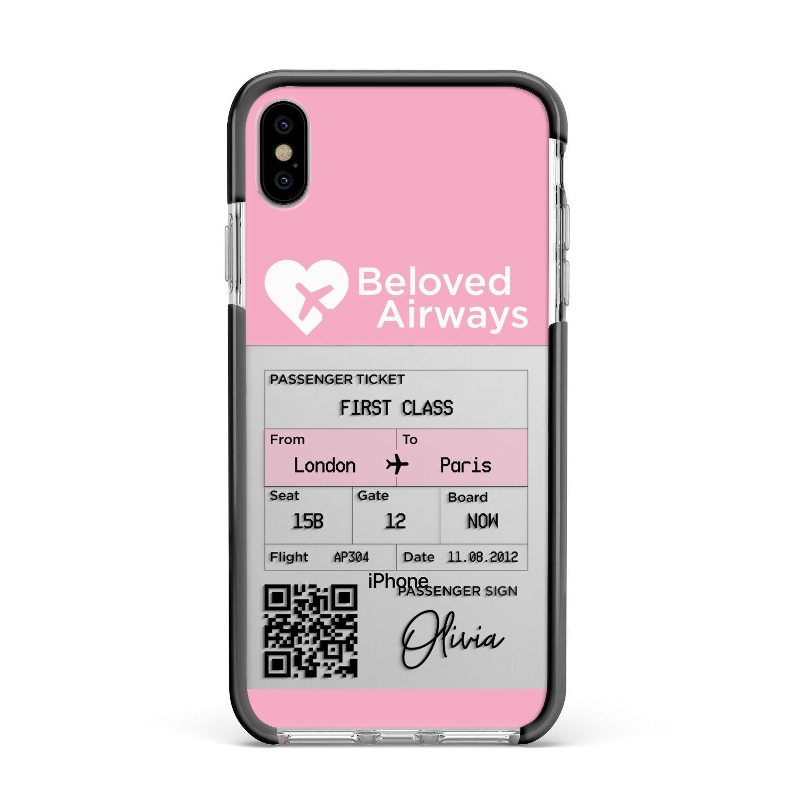 Personalised Aeroplane Ticket Apple iPhone Xs Max Impact Case Black Edge on Silver Phone