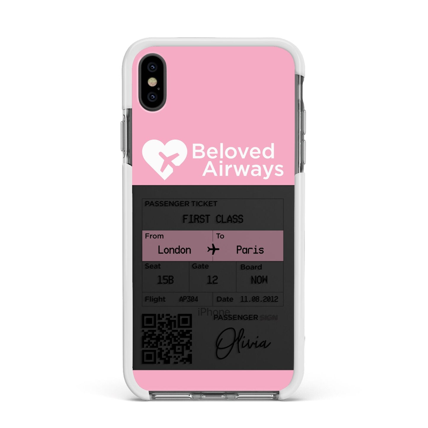 Personalised Aeroplane Ticket Apple iPhone Xs Max Impact Case White Edge on Black Phone