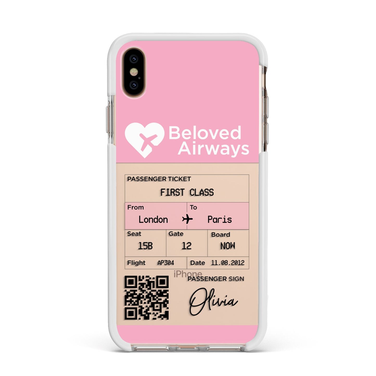Personalised Aeroplane Ticket Apple iPhone Xs Max Impact Case White Edge on Gold Phone