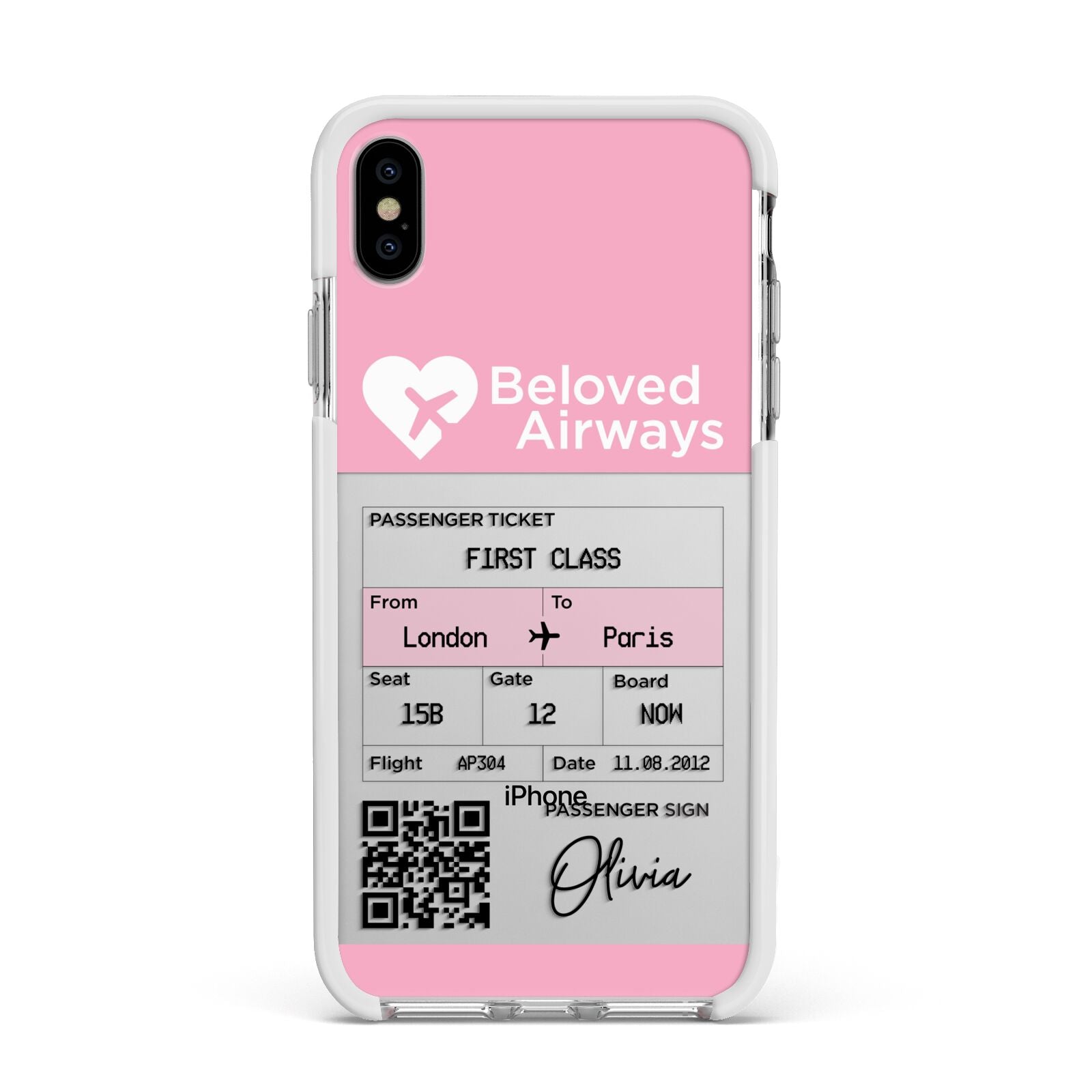 Personalised Aeroplane Ticket Apple iPhone Xs Max Impact Case White Edge on Silver Phone