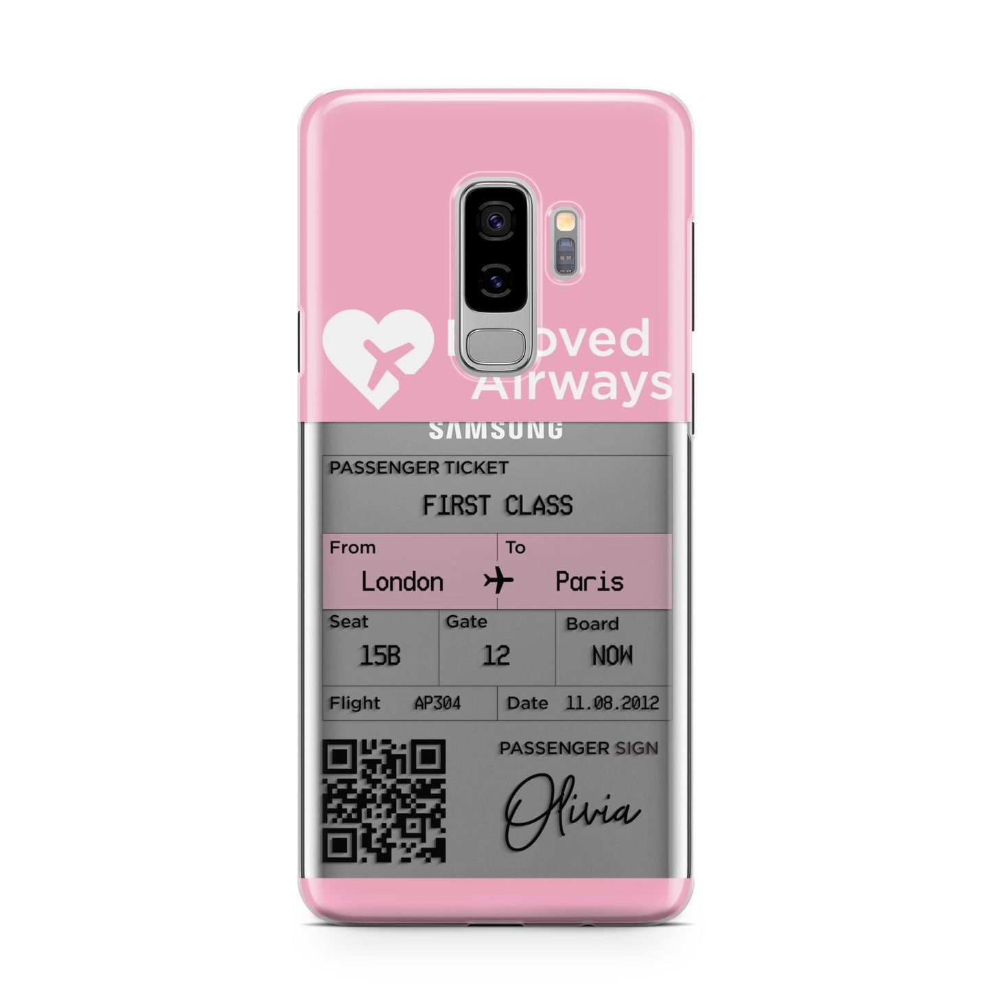 Personalised Aeroplane Ticket Samsung Galaxy S9 Plus Case on Silver phone