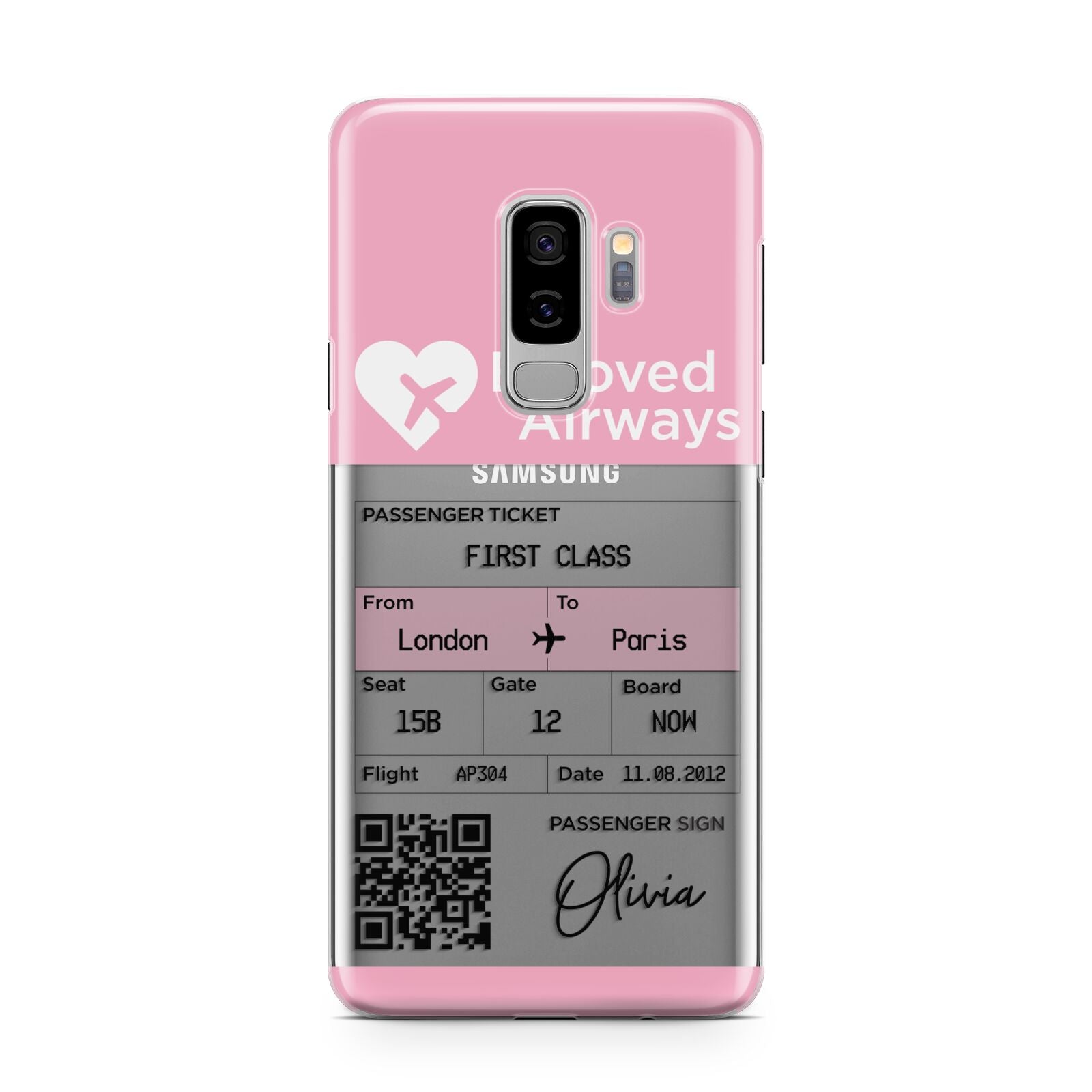 Personalised Aeroplane Ticket Samsung Galaxy S9 Plus Case on Silver phone