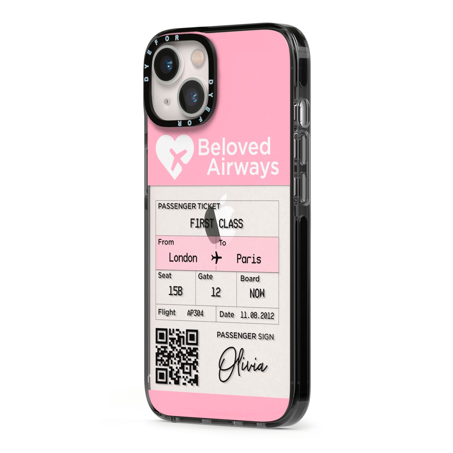 Personalised Aeroplane Ticket iPhone 13 Black Impact Case Side Angle on Silver phone