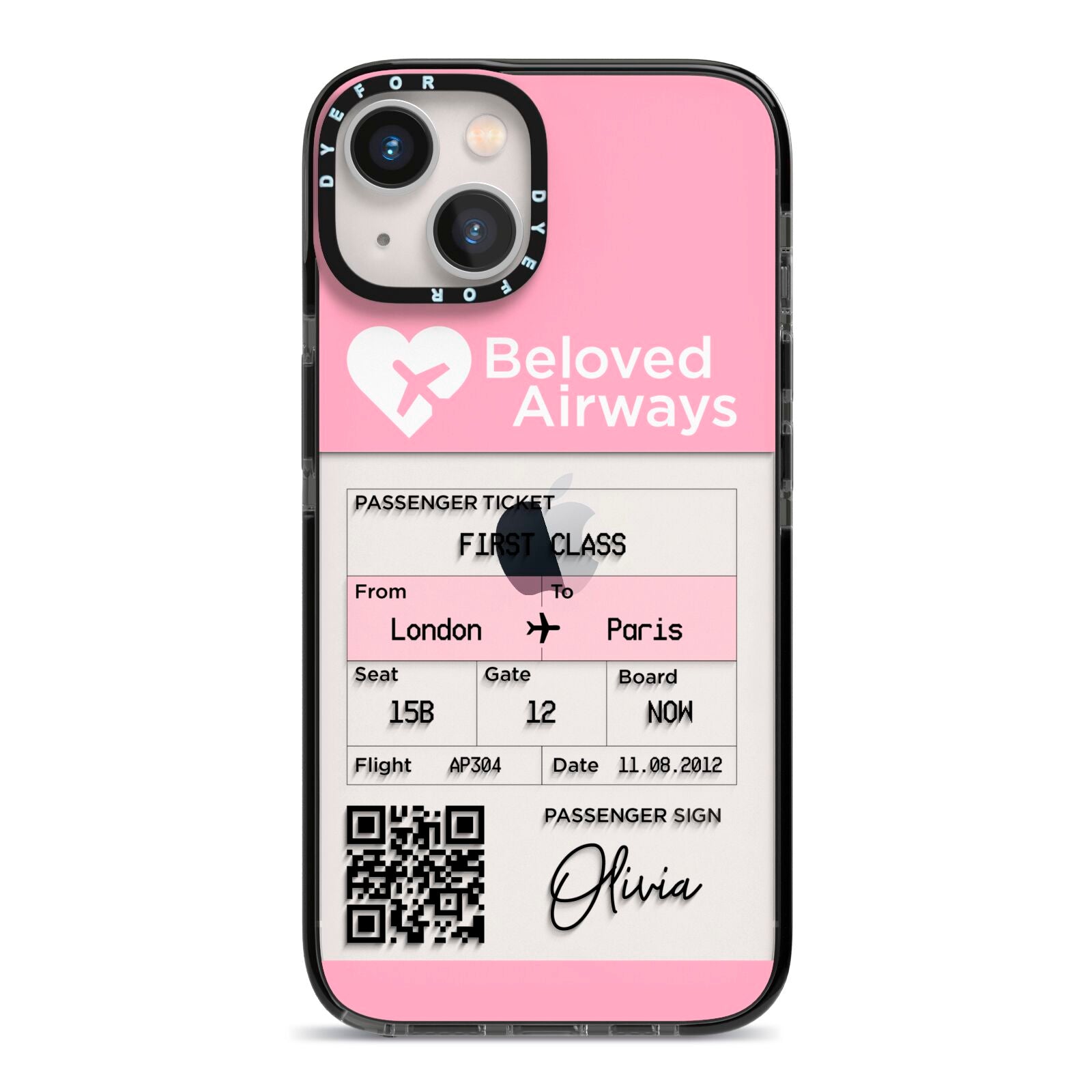 Personalised Aeroplane Ticket iPhone 13 Black Impact Case on Silver phone