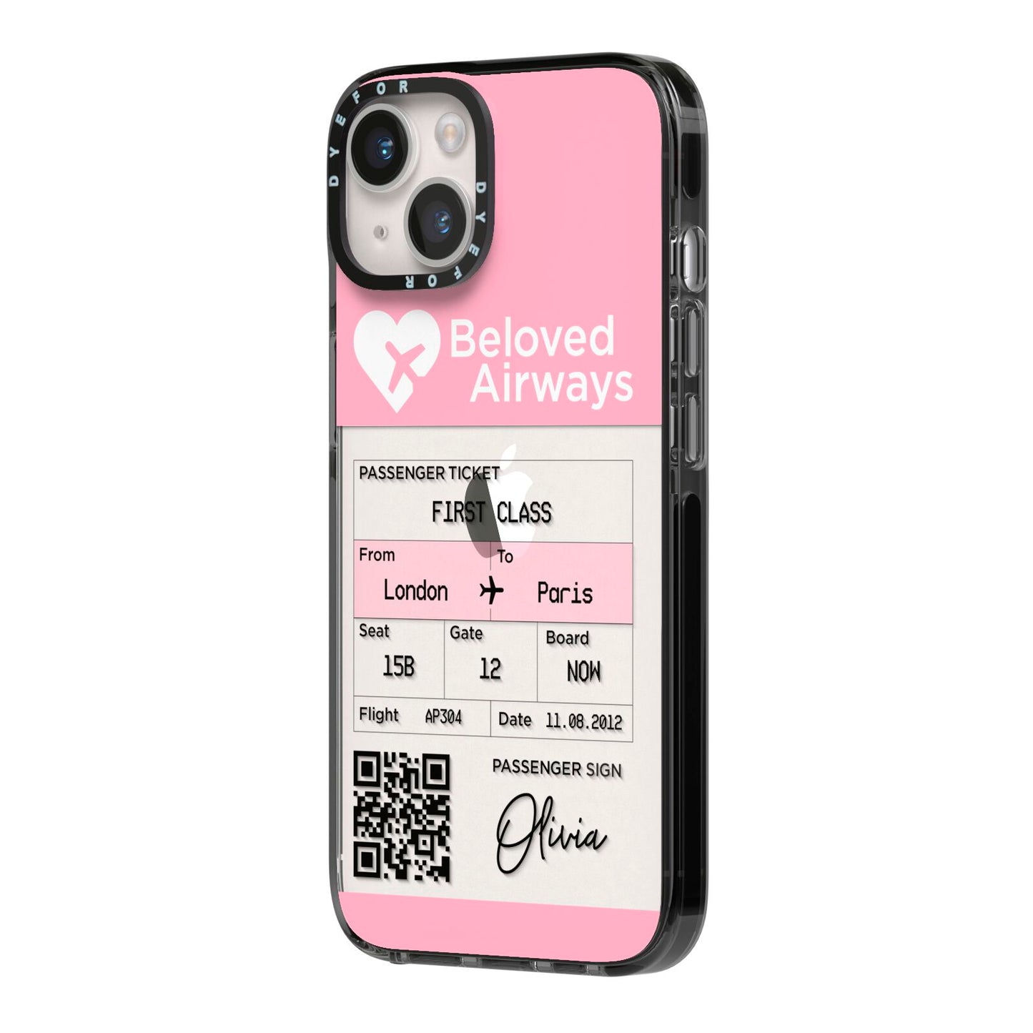 Personalised Aeroplane Ticket iPhone 14 Black Impact Case Side Angle on Silver phone