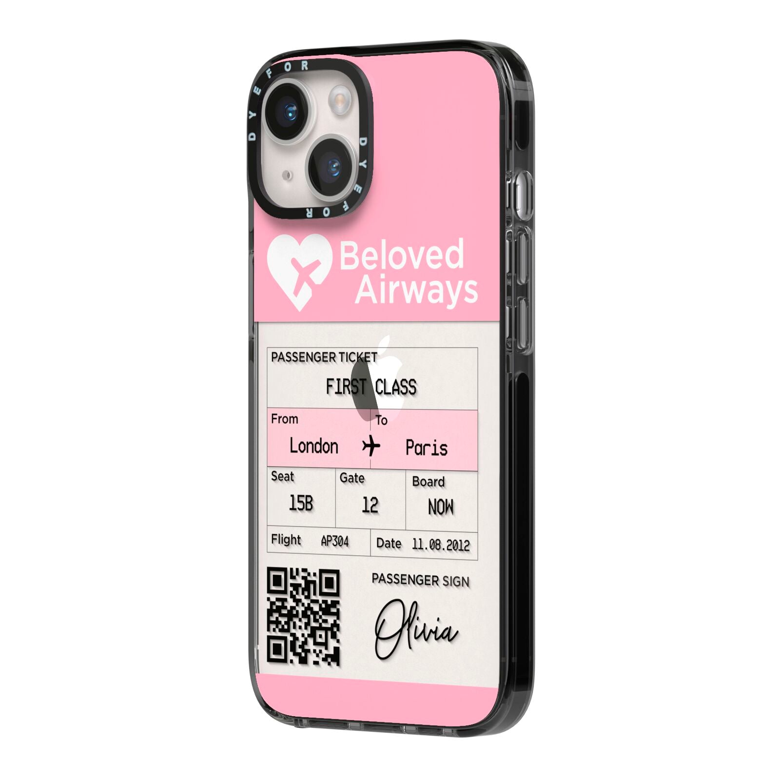 Personalised Aeroplane Ticket iPhone 14 Black Impact Case Side Angle on Silver phone