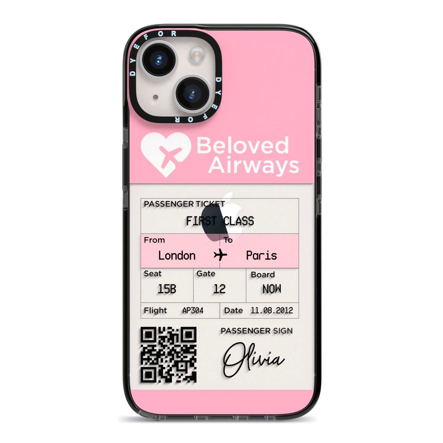 Personalised Aeroplane Ticket iPhone 14 Black Impact Case on Silver phone