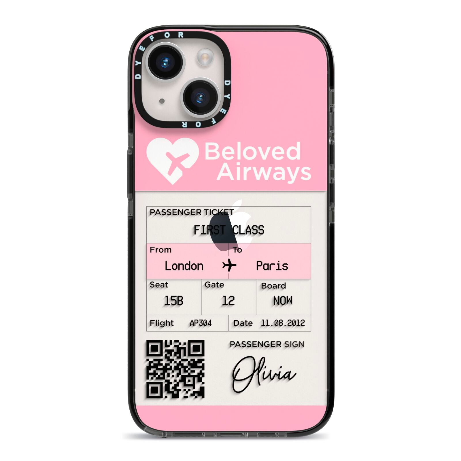 Personalised Aeroplane Ticket iPhone 14 Black Impact Case on Silver phone
