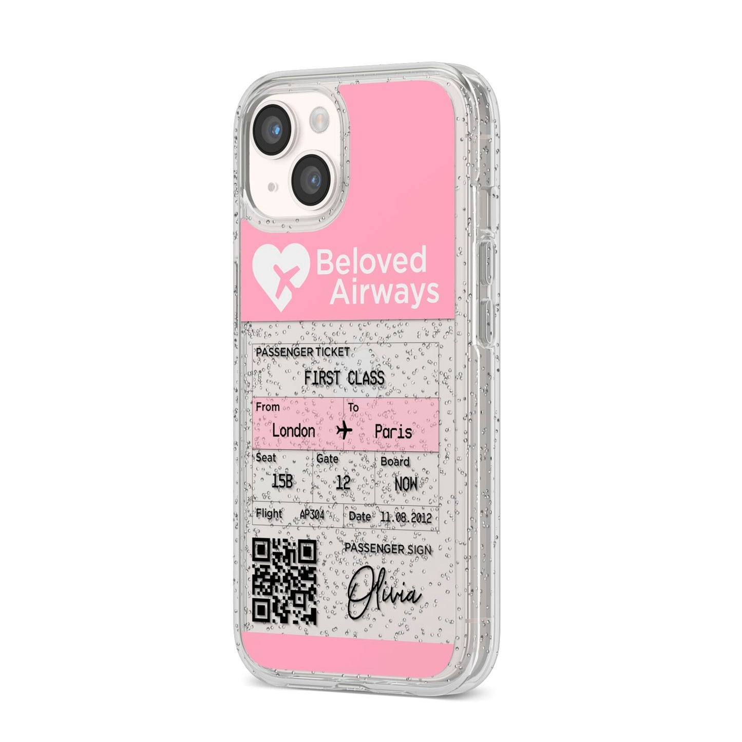 Personalised Aeroplane Ticket iPhone 14 Glitter Tough Case Starlight Angled Image