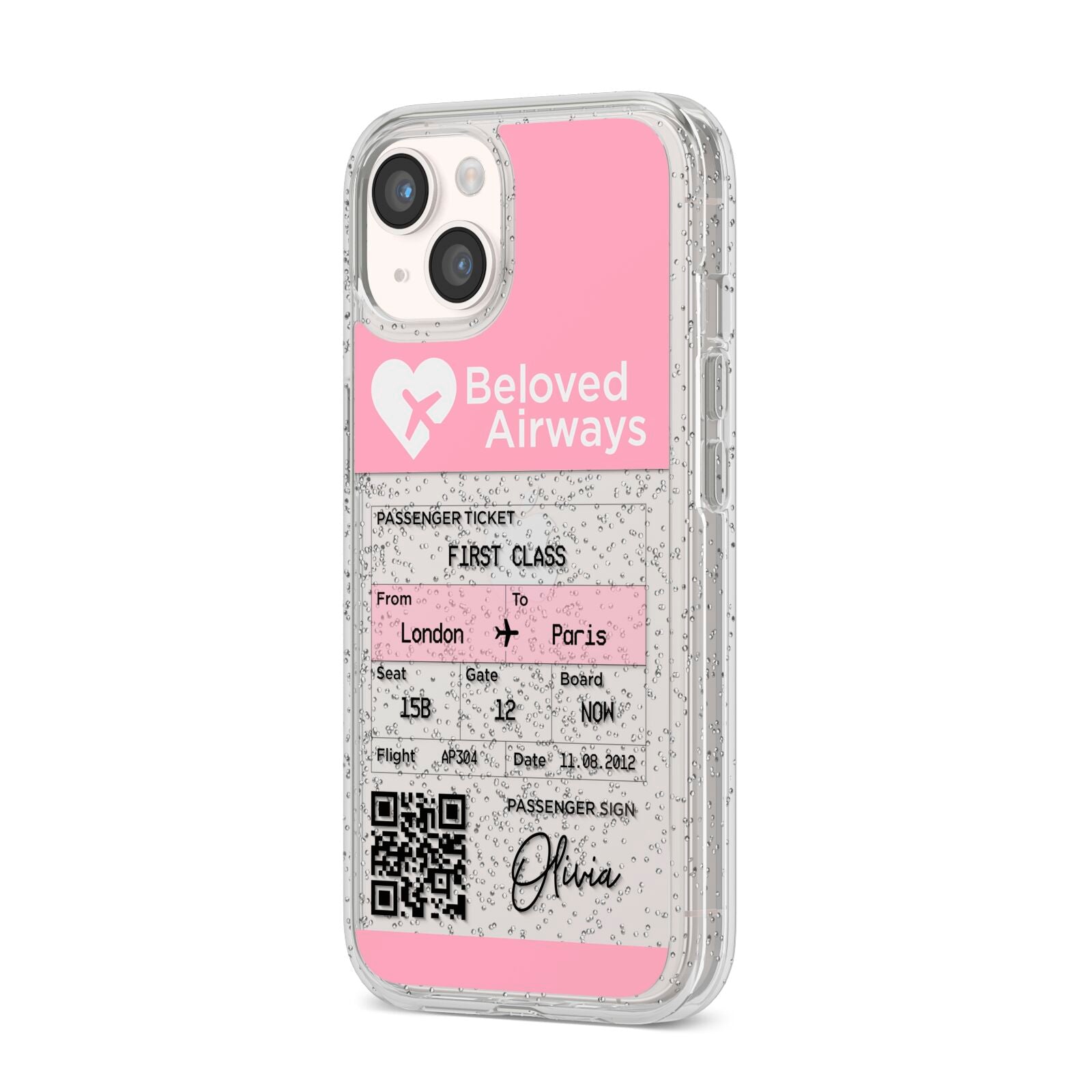 Personalised Aeroplane Ticket iPhone 14 Glitter Tough Case Starlight Angled Image