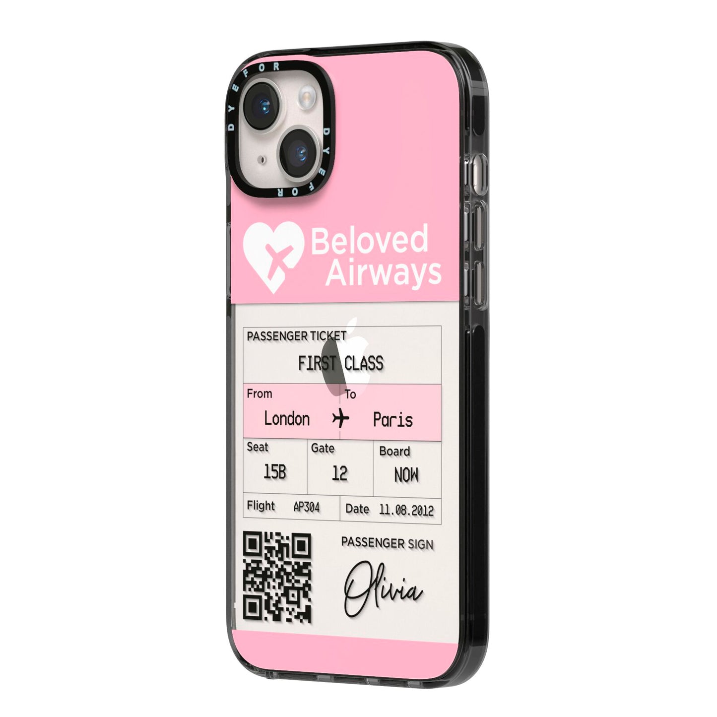 Personalised Aeroplane Ticket iPhone 14 Plus Black Impact Case Side Angle on Silver phone