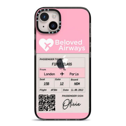 Personalised Aeroplane Ticket iPhone 14 Plus Black Impact Case on Silver phone