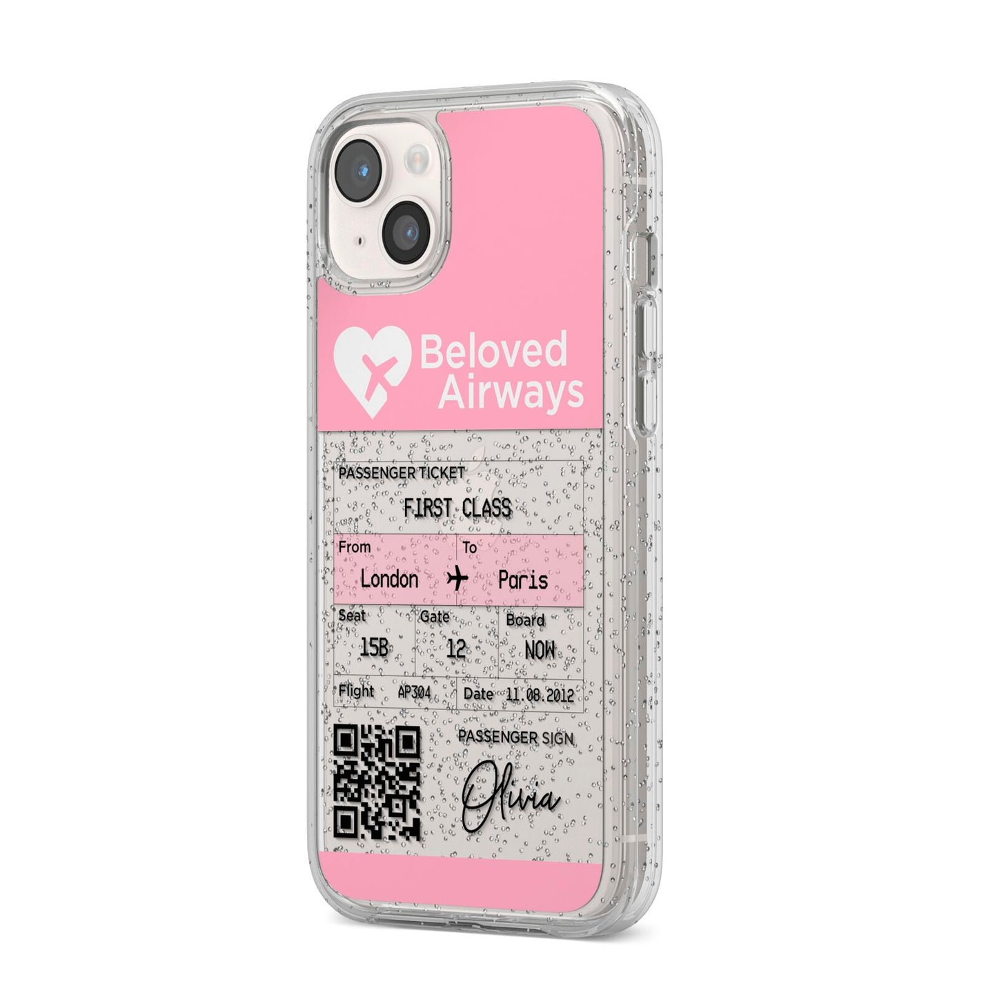 Personalised Aeroplane Ticket iPhone 14 Plus Glitter Tough Case Starlight Angled Image